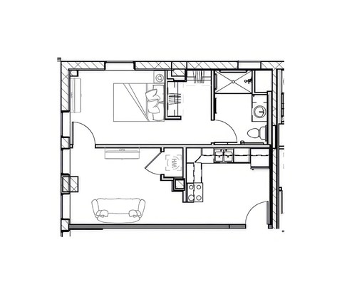 A floor plan of a house with a kitchen, living room, and two bedrooms.